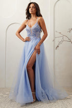 AC TM1028 - Shimmer Tulle A-Line Prom Gown with Beaded Lace Embellished Bodice & Leg Slit PROM GOWN Amelia Couture Periwinkle 0 