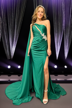 AC 7056 - One Shoulder Jersey Fit & Flare Prom Gown with Rhinestone Embellished Shoulder & Waist Keyhole Top & Shoulder Sash PROM GOWN Amelia Couture Emerald 2 