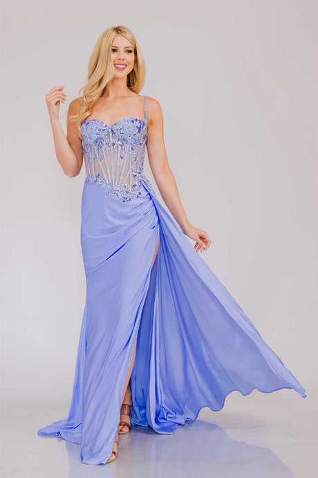 AC 2050 - Stretch Satin Fit & Flare Prom Gown with Sheer Boned Beaded Lace Bodice High Leg Slit & Side Sash PROM GOWN Amelia Couture Periwinkle 0 