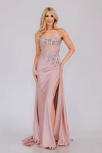 AC 2050 - Stretch Satin Fit & Flare Prom Gown with Sheer Boned Beaded Lace Bodice High Leg Slit & Side Sash PROM GOWN Amelia Couture Rose 0 