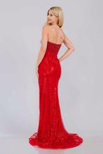 AC AG0109 - Strapless Iridescent Sequin Fit & Flare Prom Gown with Beaded Bodice & Leg Slit PROM GOWN Amelia Couture