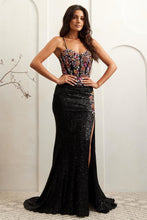 AC 7061 - Stretch Sequin Satin Prom Gown with Embroidered Flower Applique Boned Corset Bodice & Leg Slit - Diggz Formals