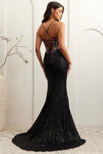 AC 7061 - Stretch Sequin Satin Prom Gown with Embroidered Flower Applique Boned Corset Bodice & Leg Slit - Diggz Formals