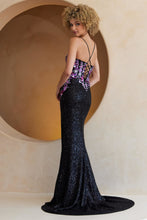 AC 7061 - Stretch Sequin Satin Prom Gown with Embroidered Flower Applique Boned Corset Bodice & Leg Slit - Diggz Formals