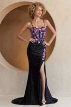 AC 7061 - Stretch Sequin Satin Prom Gown with Embroidered Flower Applique Boned Corset Bodice & Leg Slit - Diggz Formals