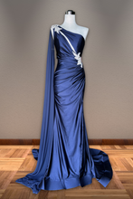 AC 7056 - One Shoulder Jersey Fit & Flare Prom Gown with Rhinestone Embellished Shoulder & Waist Keyhole Top & Shoulder Sash PROM GOWN Amelia Couture Navy 2 