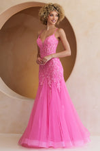 AC 2120 - Beaded Lace Embellished Mermaid Prom Gown with Sheer Boned V-Neck Bodice & Open Lace Up Back PROM GOWN Amelia Couture 2 Pink