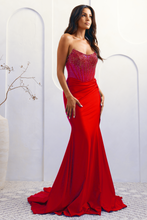 AC 3042 - Strapless Fit & Flare Prom Gown with Rhinestone Embellished Sheer Corset & Leg Slit PROM GOWN Amelia Couture 0 Red