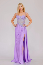 AC 2050 - Stretch Satin Fit & Flare Prom Gown with Sheer Boned Beaded Lace Bodice High Leg Slit & Side Sash PROM GOWN Amelia Couture Lilac 0 