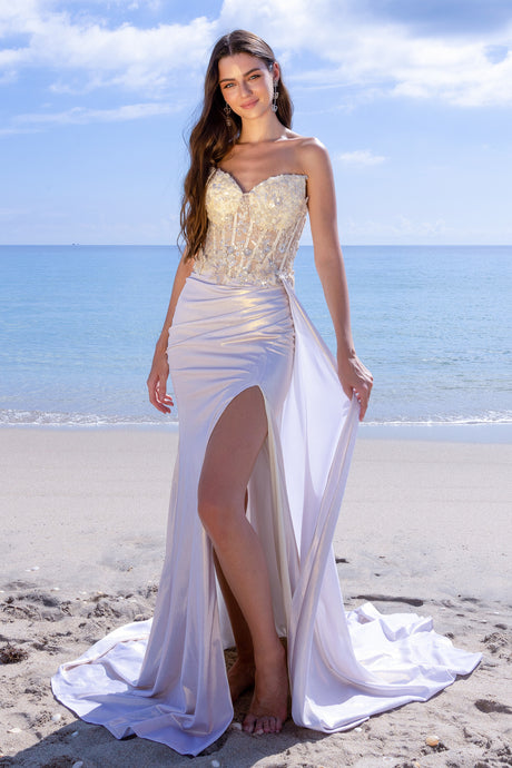 AC 2055 - Strapless Stretch Satin Fit & Flare Prom Gown with Sheer 3D floral Corset Bodice Leg Slit & Open Lace Up Back PROM GOWN Amelia Couture 2 Ivory
