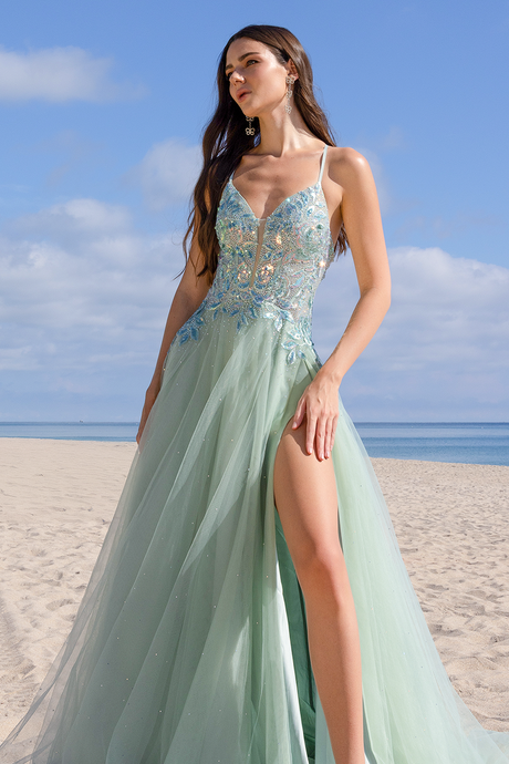 AC TM1028 - Shimmer Tulle A-Line Prom Gown with Beaded Lace Embellished Bodice & Leg Slit PROM GOWN Amelia Couture Sage 0 