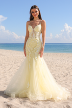 AC 2120 - Beaded Lace Embellished Mermaid Prom Gown with Sheer Boned V-Neck Bodice & Open Lace Up Back PROM GOWN Amelia Couture 2 Yellow