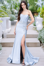 AC 7057 - Strapless Stretch Jersey Fit & Flare Prom Gown with Boned Corset Bodice Bead Embellished Waist & Leg Slit PROM GOWN Amelia Couture 2 Silver