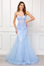 AC 2120 - Beaded Lace Embellished Mermaid Prom Gown with Sheer Boned V-Neck Bodice & Open Lace Up Back