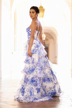 AC 2060 - Strapless Floral Printed Chiffon A-Line Prom Gown with Structured Corset Bodice Leg Slit & Open Lace Up Back PROM GOWN Amelia Couture