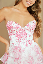 AC 2060 - Strapless Floral Printed Chiffon A-Line Prom Gown with Structured Corset Bodice Leg Slit & Open Lace Up Back PROM GOWN Amelia Couture