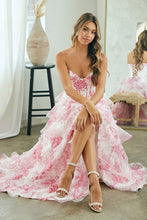 AC 2060 - Strapless Floral Printed Chiffon A-Line Prom Gown with Structured Corset Bodice Leg Slit & Open Lace Up Back PROM GOWN Amelia Couture 0 Pink