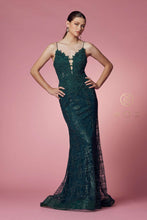 N R282 - Glitter Print Fit & Flare Prom Gown with Sheer Beaded Lace Embellished Bodice & Open Lace Up Back R282 - Glitter Print Fit & Flare Prom Gown with Lace Top & Open Corset Back PROM GOWN Nox 2 GREEN 
