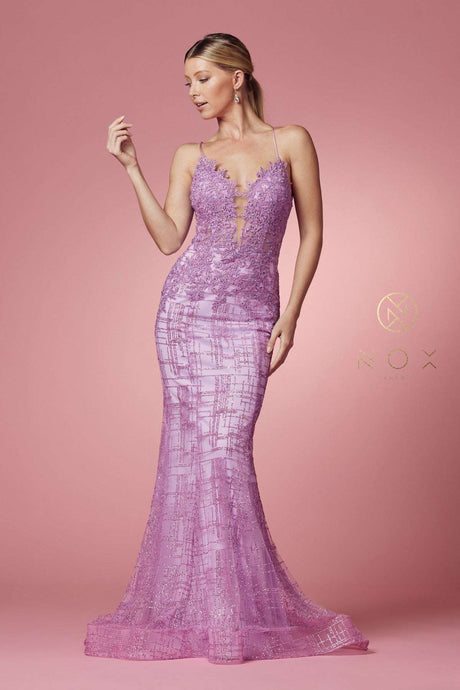 N R282 - Glitter Print Fit & Flare Prom Gown with Sheer Beaded Lace Embellished Bodice & Open Lace Up Back R282 - Glitter Print Fit & Flare Prom Gown with Lace Top & Open Corset Back PROM GOWN Nox 2 LILAC 