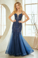 AC 2120 - Beaded Lace Embellished Mermaid Prom Gown with Sheer Boned V-Neck Bodice & Open Lace Up Back