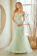 AC 2120 - Beaded Lace Embellished Mermaid Prom Gown with Sheer Boned V-Neck Bodice & Open Lace Up Back