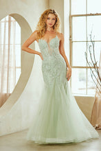 AC 2120 - Beaded Lace Embellished Mermaid Prom Gown with Sheer Boned V-Neck Bodice & Open Lace Up Back