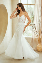 AC 2120 - Beaded Lace Embellished Mermaid Prom Gown with Sheer Boned V-Neck Bodice & Open Lace Up Back