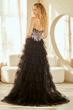AC 4060 - Strapless A-Line Prom Gown with Flower Appliqued & Sheer Stoned Corset Bodice & Layered Ruffled Skirt with Leg Slit PROM GOWN Amelia Couture