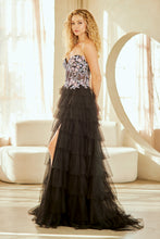 AC 4060 - Strapless A-Line Prom Gown with Flower Appliqued & Sheer Stoned Corset Bodice & Layered Ruffled Skirt with Leg Slit PROM GOWN Amelia Couture