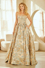 AC 8068 - Strapless Embossed Floral Print A-Line Prom Gown with Structured Corset Bodice & Bow Accented Waist - Diggz Formals
