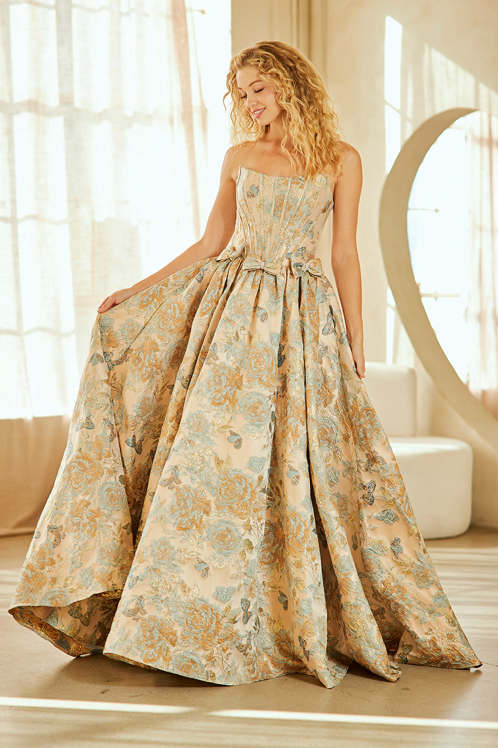 AC 8068 - Strapless Embossed Floral Print A-Line Prom Gown with Structured Corset Bodice & Bow Accented Waist - Diggz Formals