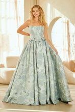 AC 8068 - Strapless Embossed Floral Print A-Line Prom Gown with Structured Corset Bodice & Bow Accented Waist - Diggz Formals