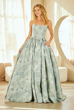AC 8068 - Strapless Embossed Floral Print A-Line Prom Gown with Structured Corset Bodice & Bow Accented Waist - Diggz Formals
