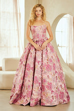 AC 8068 - Strapless Embossed Floral Print A-Line Prom Gown with Structured Corset Bodice & Bow Accented Waist - Diggz Formals