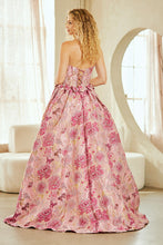 AC 8068 - Strapless Embossed Floral Print A-Line Prom Gown with Structured Corset Bodice & Bow Accented Waist - Diggz Formals
