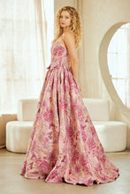 AC 8068 - Strapless Embossed Floral Print A-Line Prom Gown with Structured Corset Bodice & Bow Accented Waist - Diggz Formals