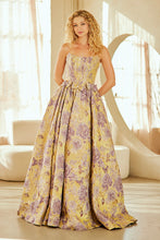 AC 8068 - Strapless Embossed Floral Print A-Line Prom Gown with Structured Corset Bodice & Bow Accented Waist - Diggz Formals