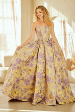 AC 8068 - Strapless Embossed Floral Print A-Line Prom Gown with Structured Corset Bodice & Bow Accented Waist - Diggz Formals