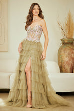AC 4060 - Strapless A-Line Prom Gown with Flower Appliqued & Sheer Stoned Corset Bodice & Layered Ruffled Skirt with Leg Slit PROM GOWN Amelia Couture
