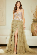 AC 4060 - Strapless A-Line Prom Gown with Flower Appliqued & Sheer Stoned Corset Bodice & Layered Ruffled Skirt with Leg Slit PROM GOWN Amelia Couture 0 Olive