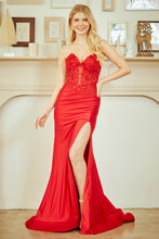 AC 7083 - Strapless Stretch Satin Fit & Flare Prom Gown with Sheer Beaded Lace Corset Bodice Leg Slit & Lace Up Back PROM GOWN Amelia Couture 0 Red