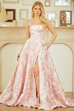 AC 7084 - Strapless Embossed Floral Printed A-Line Prom Gown with Scoop Neck Leg Slit & Side Pockets PROM GOWN Amelia Couture