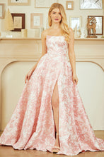 AC 7084 - Strapless Embossed Floral Printed A-Line Prom Gown with Scoop Neck Leg Slit & Side Pockets PROM GOWN Amelia Couture 0 Pink
