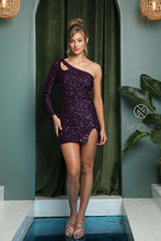 N S776 - Short One Sleeve Sequin Homecoming Dress with Leg Slit & Open Strappy Back Homecoming Nox   