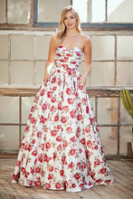 AC 8070 - Strapless Floral Printed Satin A-Line Prom Gown with Open Lace Up Back & Side Pockets Prom Gown Amelia Couture White 0