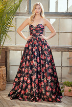 AC 8070 - Strapless Floral Printed Satin A-Line Prom Gown with Open Lace Up Back & Side Pockets Prom Gown Amelia Couture
