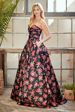 AC 8070 - Strapless Floral Printed Satin A-Line Prom Gown with Open Lace Up Back & Side Pockets Prom Gown Amelia Couture Black 0