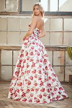 AC 8070 - Strapless Floral Printed Satin A-Line Prom Gown with Open Lace Up Back & Side Pockets Prom Gown Amelia Couture
