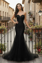 AC 7090 - Strapless Beaded Lace Fit & Flare Prom Gown with Plunging V-Neck Bodice & Lace Up Back Prom Gown Amelia Couture 00 Black