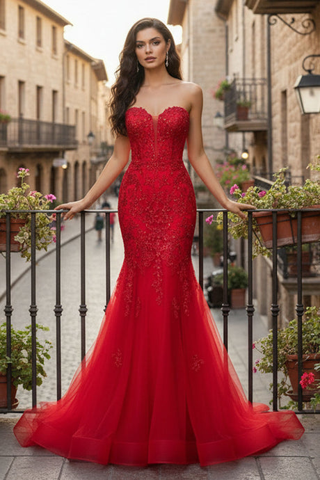 AC 7090 - Strapless Beaded Lace Fit & Flare Prom Gown with Plunging V-Neck Bodice & Lace Up Back Prom Gown Amelia Couture 00 Red
